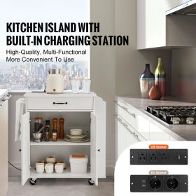 Kitchen Island Cart, 32" Mobile Carts with Storage Cabinet, Rolling Table with Power Outlet, Spice Rack, Towel Bar, Adjustable Shelf, Drawer