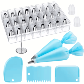 This 32-piece piping bag and nozzle set includes 24 royal icing nozzles, 2 reusable 12-inch piping bags, reusable icing bags and nozzles