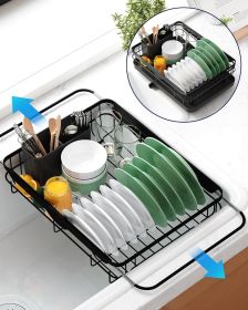 Dish Drying Rack for Kitchen Counter, Stainless Steel Sink Organization and Storage Essentials with Cutlery Holder, Home and Appartment Decor (Color: Black  12.2''W x 15.7''~23''L - 1 Tier)